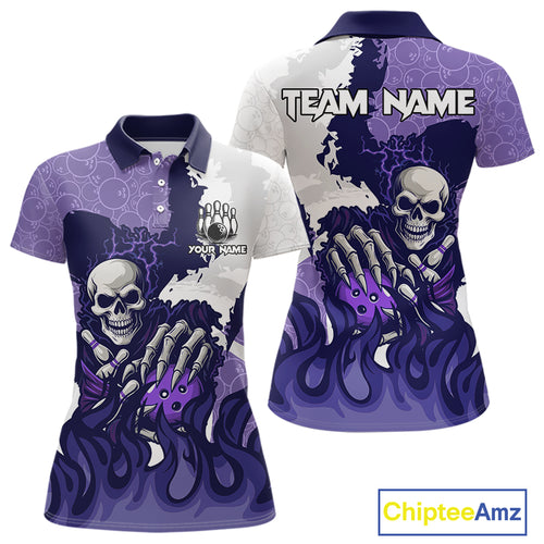 White and Purple Camo Flame Lightning Skull Bowling Shirts For Women Custom Bowling Team Jerseys NQS11055