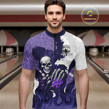 Load image into Gallery viewer, White and Purple Camo Flame Lightning Skull Bowling Shirts For Men Custom Bowling Team Jerseys NQS11055