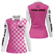 Load image into Gallery viewer, Womens golf polos shirts custom name pink checkered pattern ladies golf shirts, womens golf clothes NQS4561