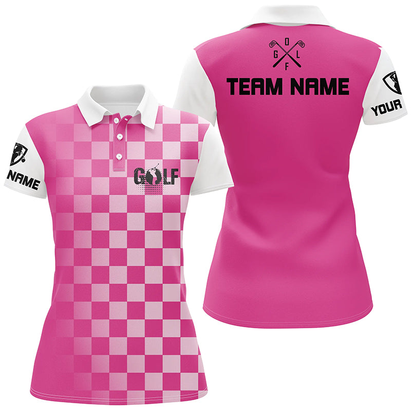 Womens golf polos shirts custom name pink checkered pattern ladies golf shirts, womens golf clothes NQS4561
