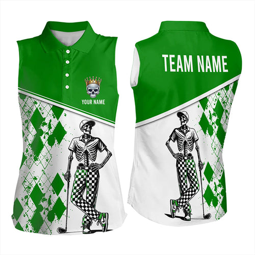 Green argyle pattern Skull Golfer Womens Sleeveless Polo Shirt custom team golf tops for ladies NQS9183