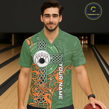 Load image into Gallery viewer, Green &amp; orange Irish Tribal Cross St Patrick's Day Bowling Hawaiian shirt Custom Lucky Bowling Jersey NQS11255