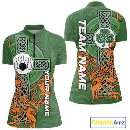 Green and orange Irish Tribal Cross St Patrick's Day Women bowling shirts Custom Lucky Bowling Jersey NQS11255