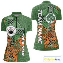 Load image into Gallery viewer, Green and orange Irish Tribal Cross St Patrick's Day Women bowling shirts Custom Lucky Bowling Jersey NQS11255