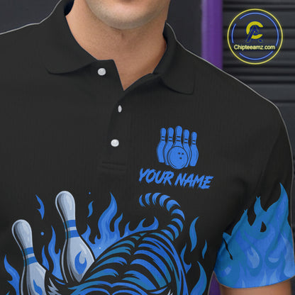 Black and Blue Flame Tiger Bowling Polo, 1/4 Zip Shirts for Men Custom Team Tiger Bowling Jersey NQS11256