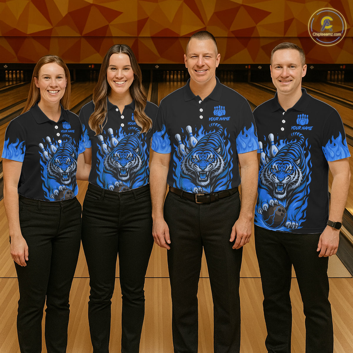Black and Blue Flame Tiger Bowling Polo, 1/4 Zip Shirts for Women Custom Team Tiger Bowling Jersey NQS11256
