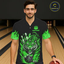 Load image into Gallery viewer, Black and Green Flame Tiger Bowling Hawaiian Shirt Custom Team Tiger Bowling Jersey NQS11257