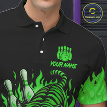 Load image into Gallery viewer, Black and Green Flame Tiger Bowling Polo, 1/4 Zip Shirts for Men Custom Team Tiger Bowling Jersey NQS11257