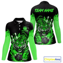 Load image into Gallery viewer, Black and Green Flame Tiger Bowling Polo, 1/4 Zip Shirts for Women Custom Team Tiger Bowling Jersey NQS11257