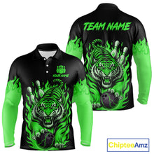 Load image into Gallery viewer, Black and Green Flame Tiger Bowling Polo, 1/4 Zip Shirts for Men Custom Team Tiger Bowling Jersey NQS11257
