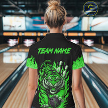 Load image into Gallery viewer, Black and Green Flame Tiger Bowling Polo, 1/4 Zip Shirts for Women Custom Team Tiger Bowling Jersey NQS11257