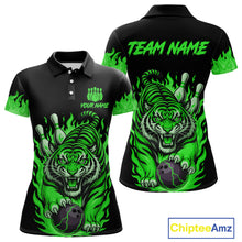 Load image into Gallery viewer, Black and Green Flame Tiger Bowling Polo, 1/4 Zip Shirts for Women Custom Team Tiger Bowling Jersey NQS11257
