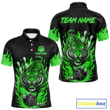 Load image into Gallery viewer, Black and Green Flame Tiger Bowling Polo, 1/4 Zip Shirts for Men Custom Team Tiger Bowling Jersey NQS11257