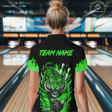 Load image into Gallery viewer, Black and Green Flame Tiger Bowling Polo, 1/4 Zip Shirts for Women Custom Team Tiger Bowling Jersey NQS11257