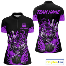 Load image into Gallery viewer, Black and Purple Flame Tiger Bowling Polo, 1/4 Zip Shirts for Women Custom Team Tiger Bowling Jersey NQS11258