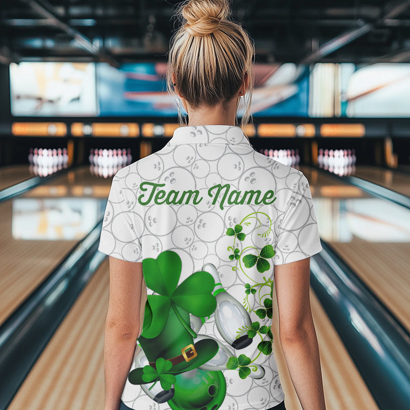Green shamrock Women bowling polo, quarter zip shirts Custom St Patrick Day team league bowling jersey NQS9532