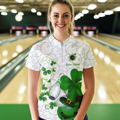Green shamrock Women bowling polo, quarter zip shirts Custom St Patrick Day team league bowling jersey NQS9532