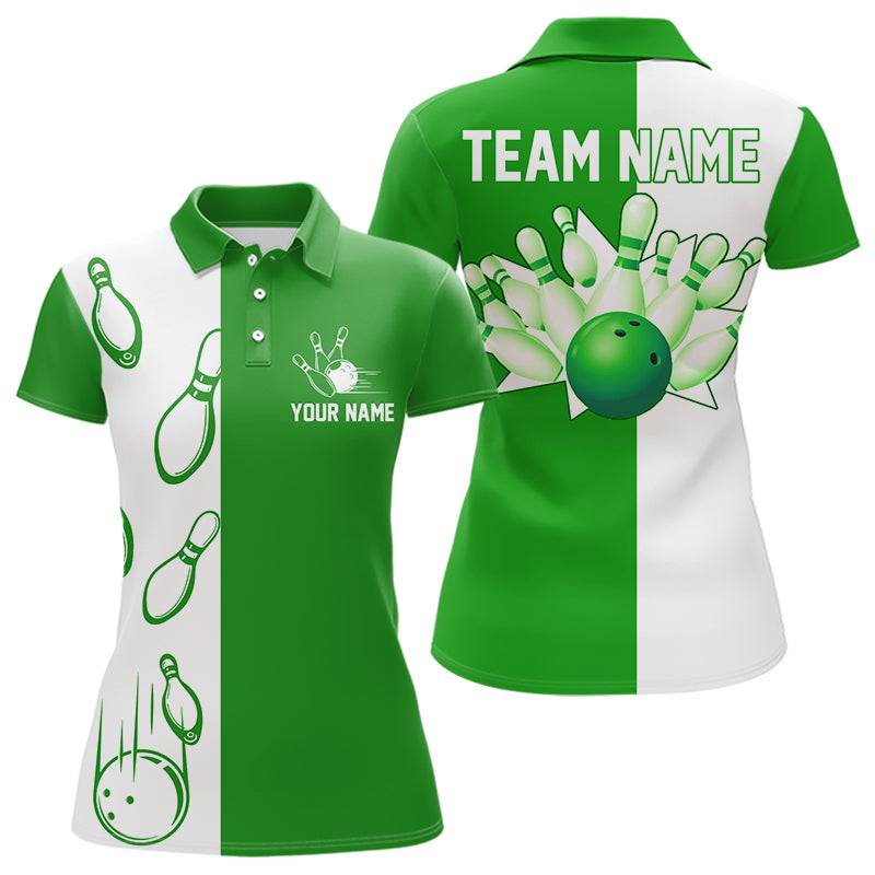 Green and white retro vintage Bowling polo, quarter zip shirts for Women custom Bowling team jerseys NQS9533