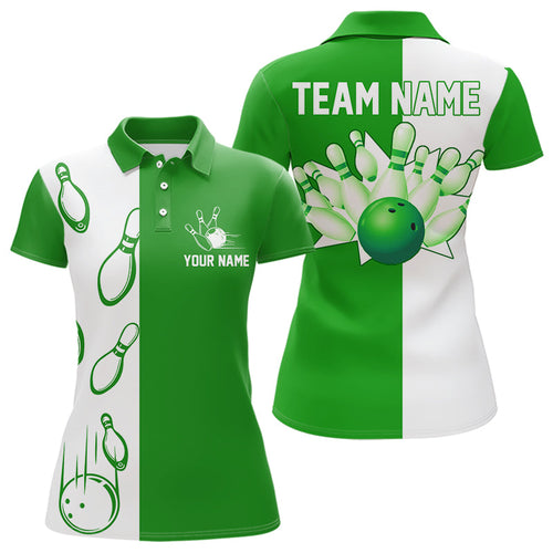 Green and white retro vintage Bowling polo, quarter zip shirts for Women custom Bowling team jerseys NQS9533