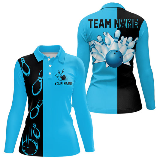 Cyan Blue and Black retro vintage Bowling polo, quarter zip shirt for Women custom Bowling team jersey NQS9534