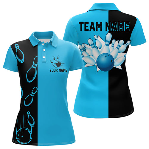 Cyan Blue and Black retro vintage Bowling polo, quarter zip shirt for Women custom Bowling team jersey NQS9534