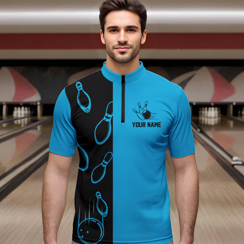 Cyan Blue and Black retro vintage Bowling polo, quarter zip shirts for men custom Bowling team jerseys NQS9534