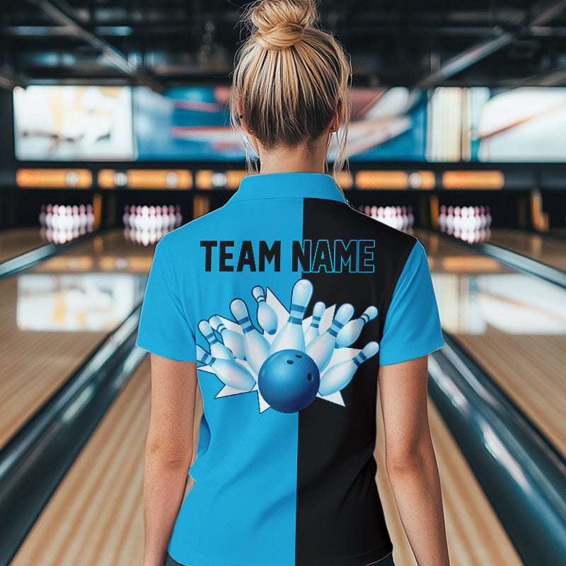 Cyan Blue and Black retro vintage Bowling polo, quarter zip shirt for Women custom Bowling team jersey NQS9534