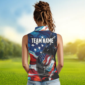 Red, White and Blue American Flag Women Sleeveless Polo Shirt Custom Patriotic Team Golf Shirt NQS9695