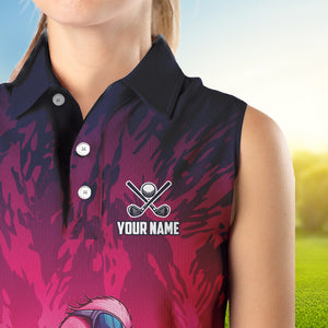 Funny Flamingo pink camo flame golf ball Women Golf  Sleeveless Polo Shirt Custom Ladies Golf tops NQS9697
