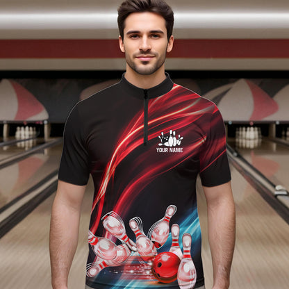 Custom Black and Red Mens bowling Polo, Quarter Zip Shirts, team bowling outfits for Men NQS9701