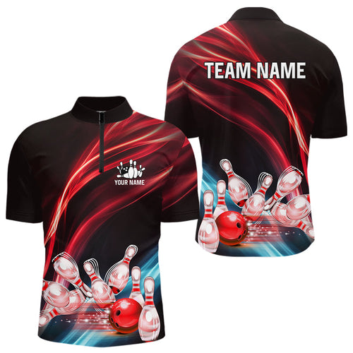 Custom Black and Red Mens bowling Polo, Quarter Zip Shirts, team bowling outfits for Men NQS9701