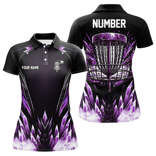 Icy purple Womens Disc golf polo shirts custom black disc golf basket jerseys, disc golf shirts NQS7633