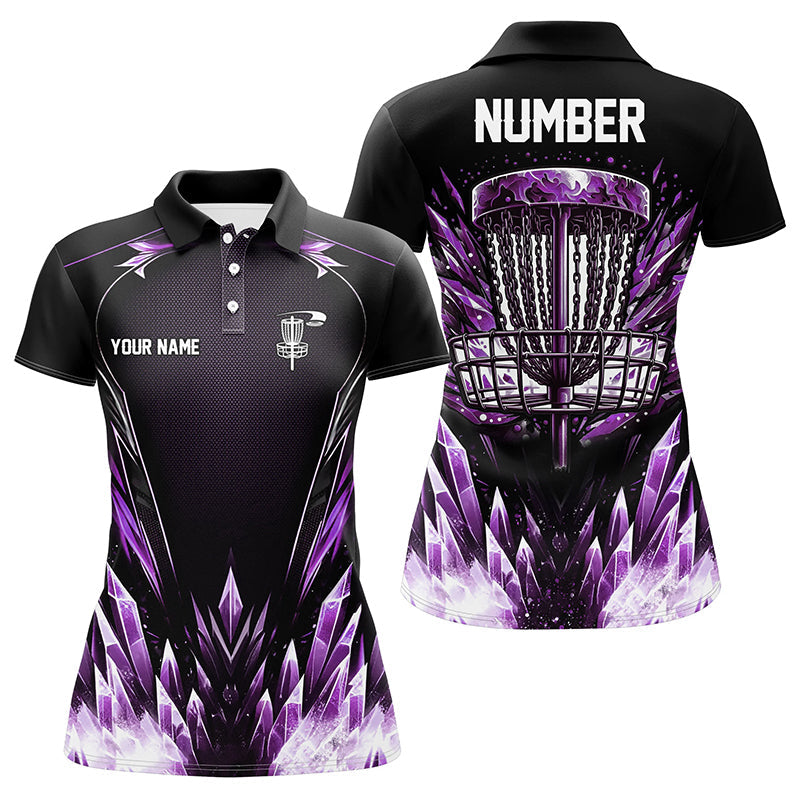 Icy purple Womens Disc golf polo shirts custom black disc golf basket jerseys, disc golf shirts NQS7633