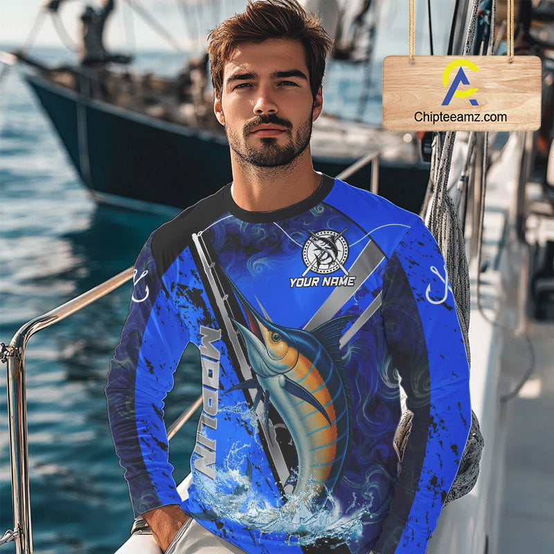 Blue Camo Marlin fishing custom saltwater Marlin sun protection long sleeve fishing shirts for Team NQS10131