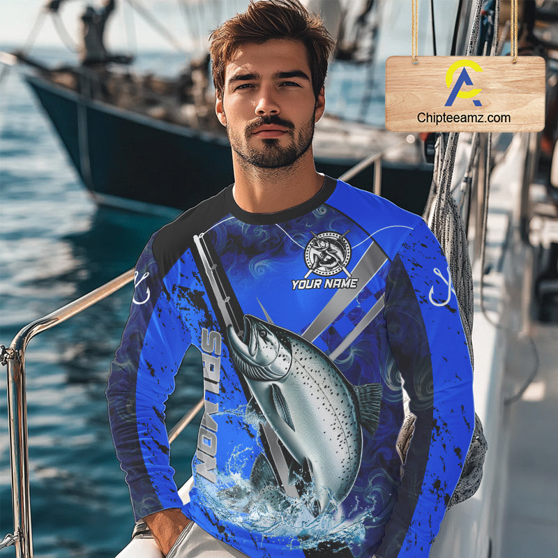 Blue Camo Salmon fishing custom Chinook Salmon sun protection long sleeve fishing shirts for Team NQS10132