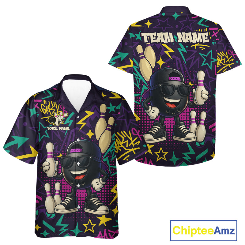 Funny Bowling hawaiian shirt custom purple graffiti pattern bowling team shirt, gift for bowlers NQS10271