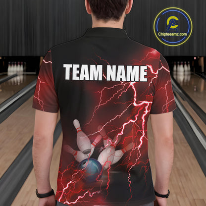 Mens polo bowling shirts Custom red lightning thunder Bowling Team Jersey, gift for team Bowlers NQS6145