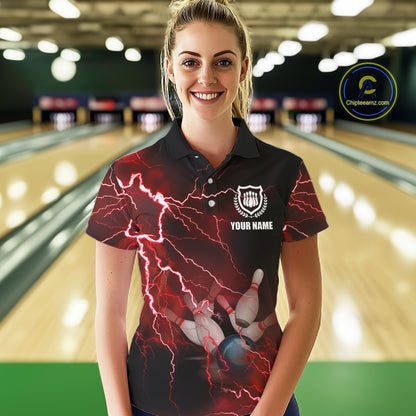Women bowling polo shirts Custom red lightning thunder Bowling Team Jersey, gift for team Bowlers NQS6145
