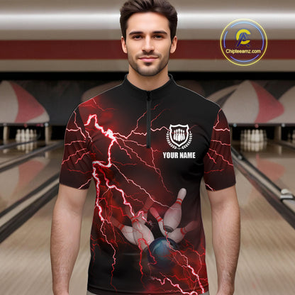 Men's bowling Quarter Zip shirts Custom red lightning thunder Bowling Team Jersey, gift for Bowlers NQS6145