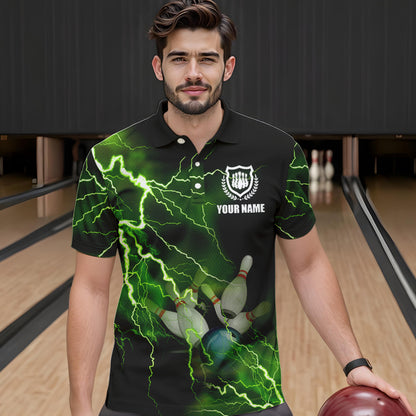 Mens polo bowling shirts Custom green lightning thunder Bowling Team Jersey, gift for team Bowlers NQS6146