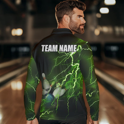 Mens polo bowling shirts Custom green lightning thunder Bowling Team Jersey, gift for team Bowlers NQS6146