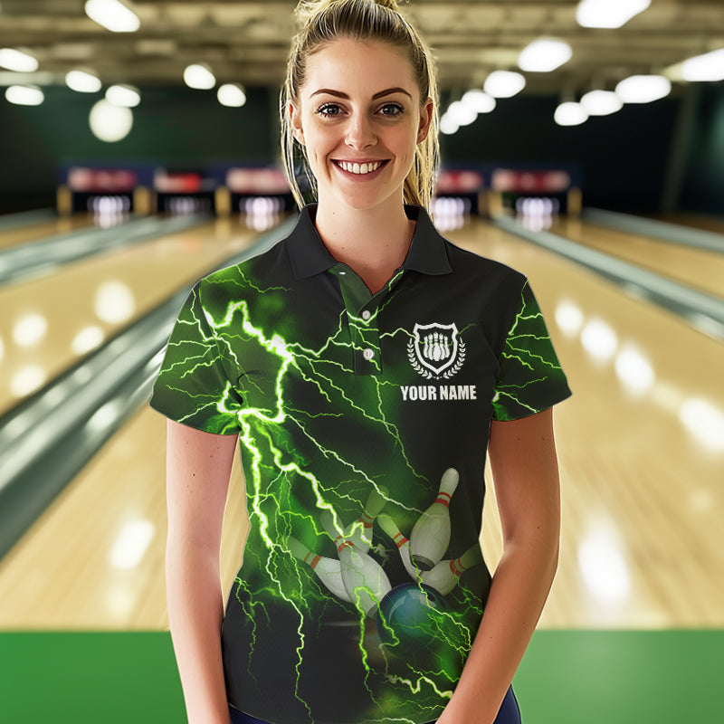 Women bowling polo shirts Custom green lightning thunder Bowling Team Jersey, gift for team Bowlers NQS6146