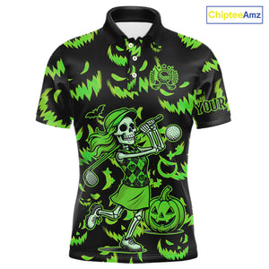 Green and Black Halloween Pattern Funny Skull Golf polo shirt for men Custom Halloween Mens golf top NQS10662