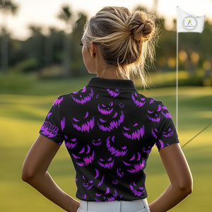 Purple and Black Halloween Pattern Funny Skull Golf polo shirt for Women Custom Halloween golf top NQS10663