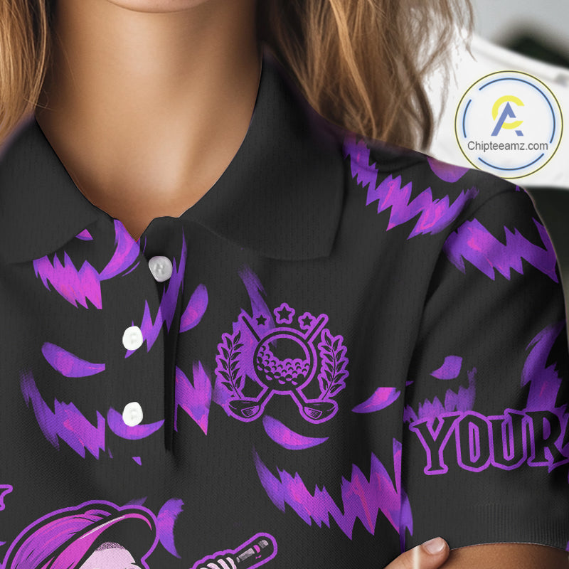 Purple and Black Halloween Pattern Funny Skull Golf polo shirt for Women Custom Halloween golf top NQS10663