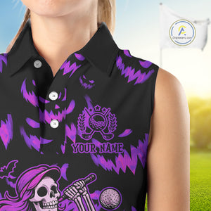 Purple and Black Halloween Pattern Funny Skull Golf sleeveless polo shirt Custom Halloween golf top NQS10663
