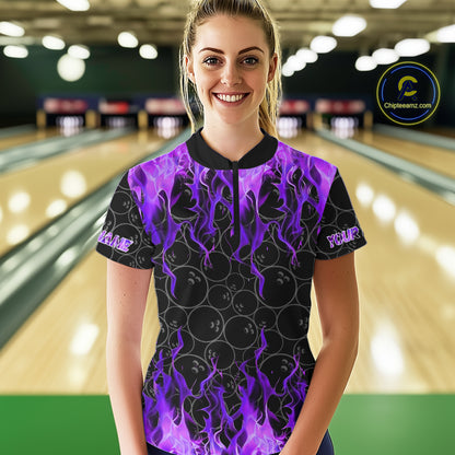 Black and Purple Flame camo Women bowling shirts Custom Flame Bowling Shirt Team Bowling Jersey NQS10666