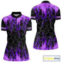 Load image into Gallery viewer, Black and Purple Flame camo Women bowling shirts Custom Flame Bowling Shirt Team Bowling Jersey NQS10666