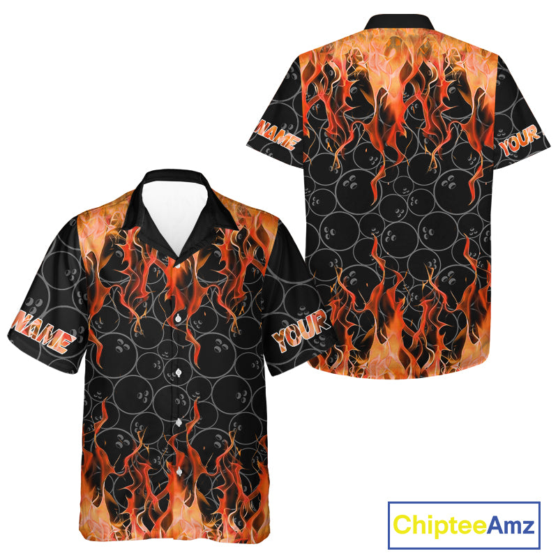 Black and Orange Flame camo Bowling Hawaiian Shirt Custom Flame Bowling Shirt Team Bowling Jersey NQS10667
