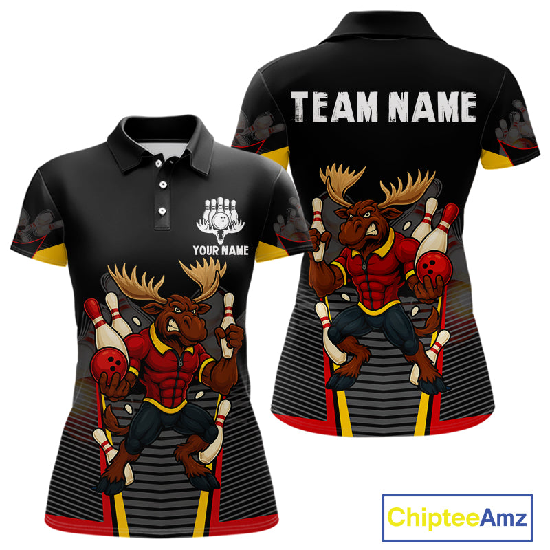 Black and Red Funny Moose Bowling shirts for women Custom polo, quarter zip bowling outfits for women NQS11064